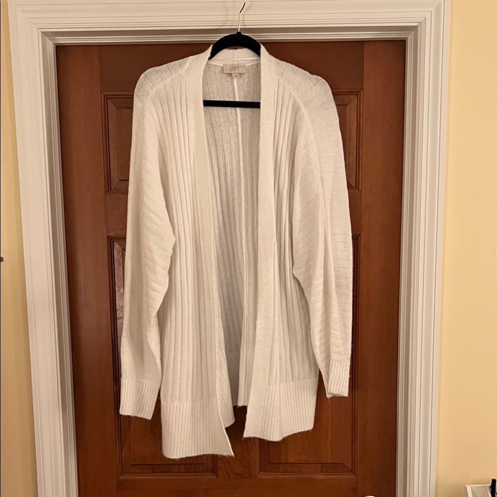LOFT White Ribbed Open-Front Cardigan